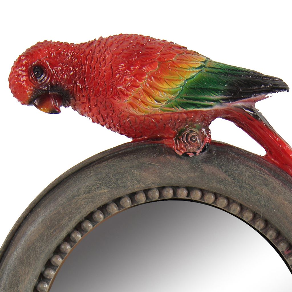 Round Wooden Framed Mirror with Parrot Sculpture Top, Multicolor - View 4