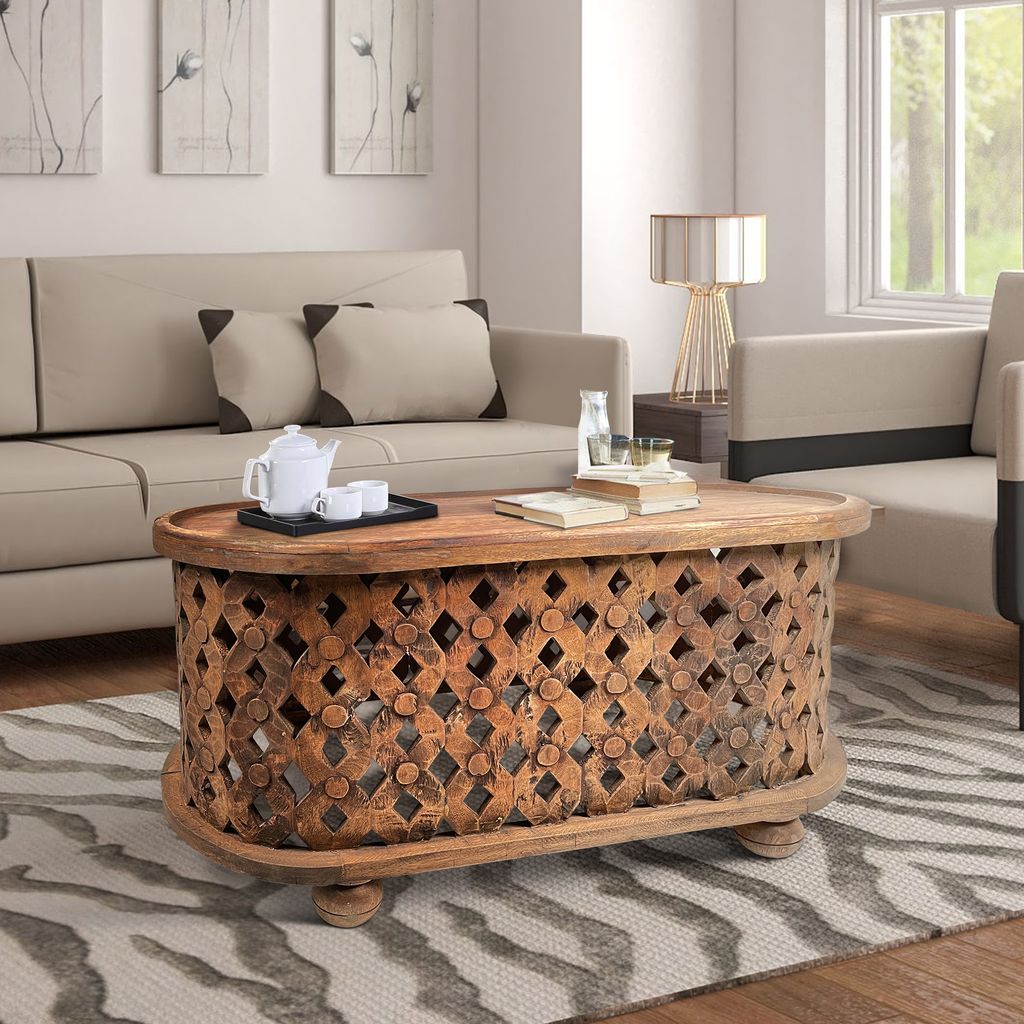 36 Inch Handcrafted Oval Coffee Table, Intricate Cutout Design, Antique Brown - View 6