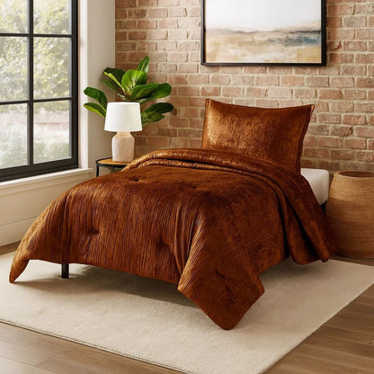 Jay 2 Piece Twin Comforter Set, Copper Polyester Velvet Deluxe Texture - View 7