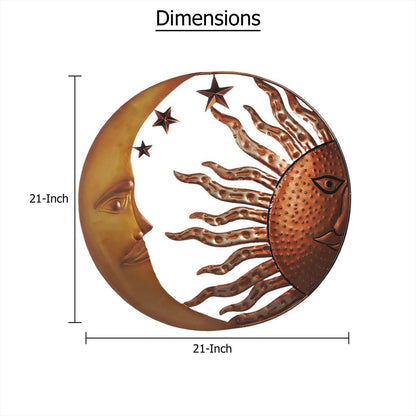 21 Inch Handcrafted Sun and Moon Accent Wall Decor, Round Metal Wall Mount, Rustic Gold, Bronze - View 6