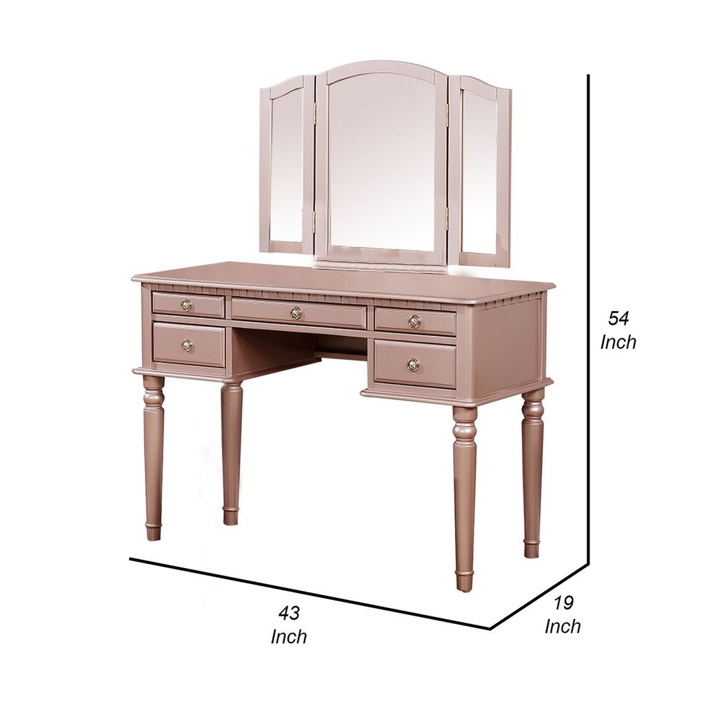 Vanity Set with Turned Tapered Legs and Three Piece Mirror, Rose Gold - View 6