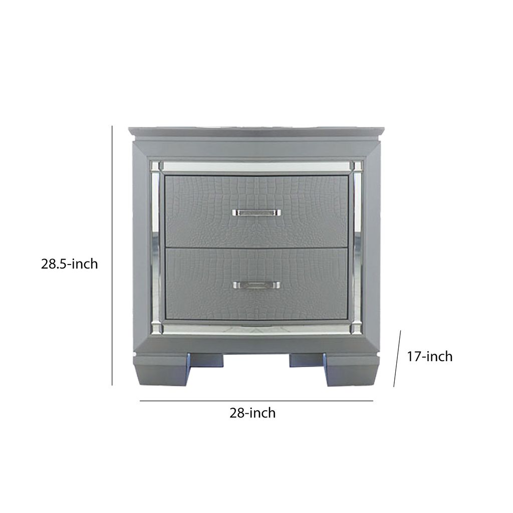 Mirror Accented Wooden Night Stand With 2 Drawer, Gray - View 6