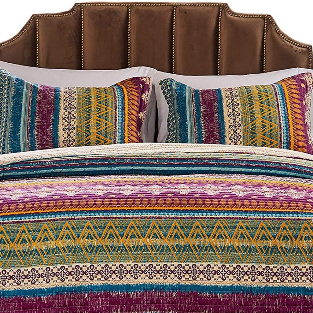 Tribal Motif Print Cotton Twin Quilt Set with 1 Pillow Sham, Multicolor - View 3