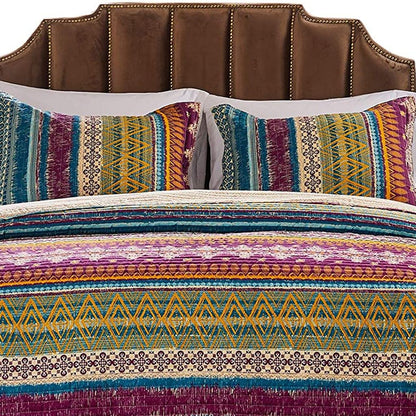 Tribal Motif Print Cotton Twin Quilt Set with 1 Pillow Sham, Multicolor - View 3