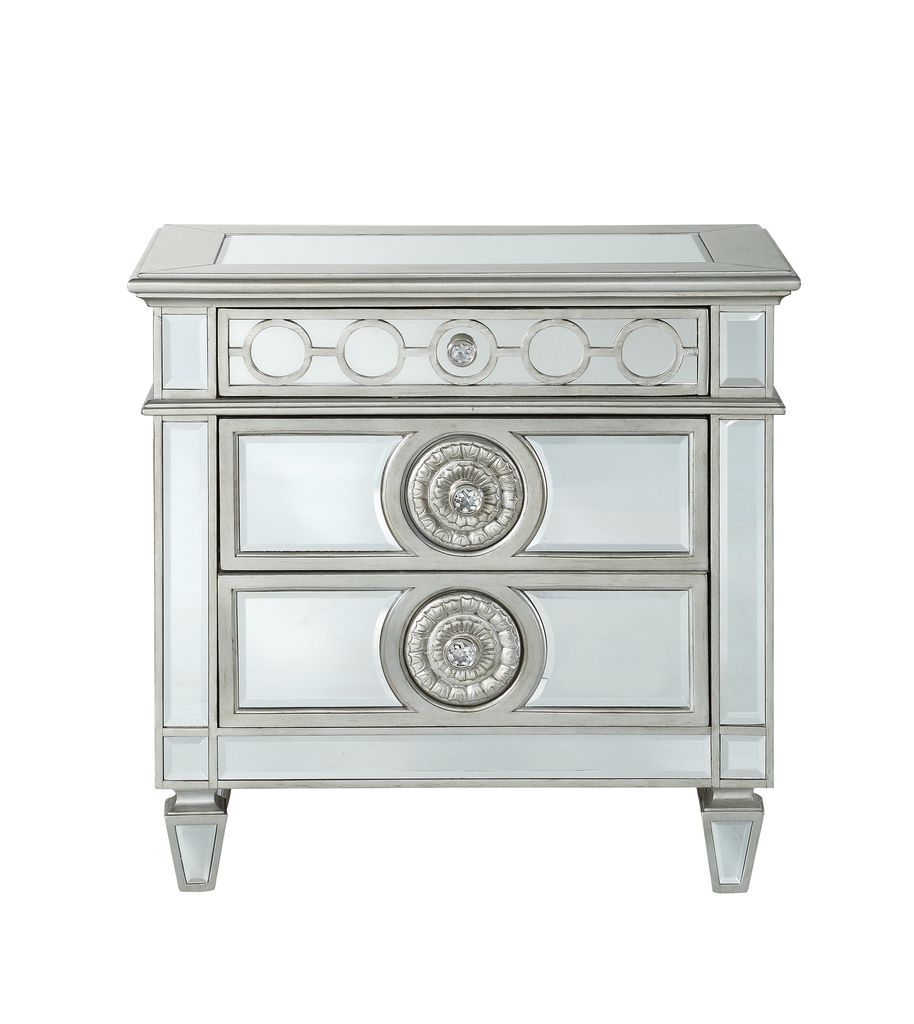 Mirror Accented Wooden Nightstand with 3 Storage Drawers, Silver - View 2