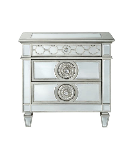 Mirror Accented Wooden Nightstand with 3 Storage Drawers, Silver - View 2