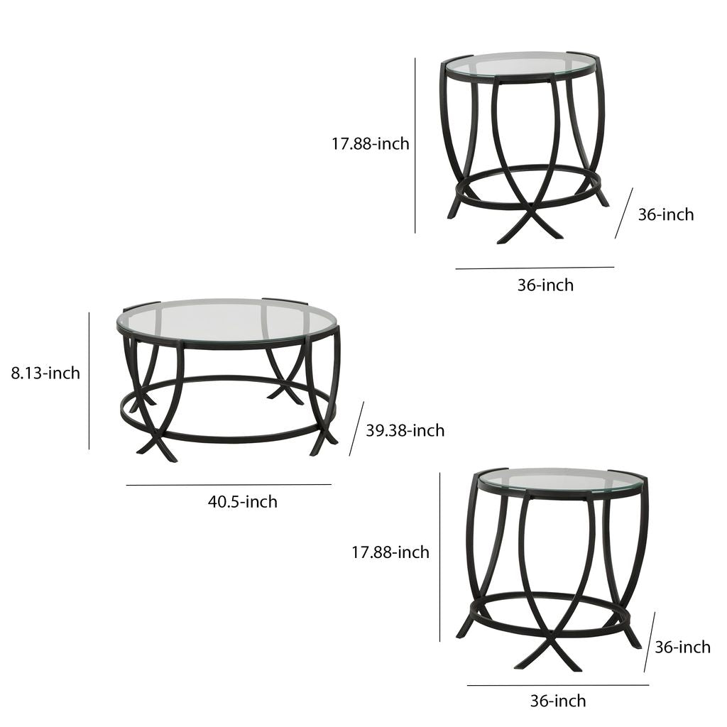 Contemporary Round Table Set with Glass Top and Geometric Metal Body, Black - View 6