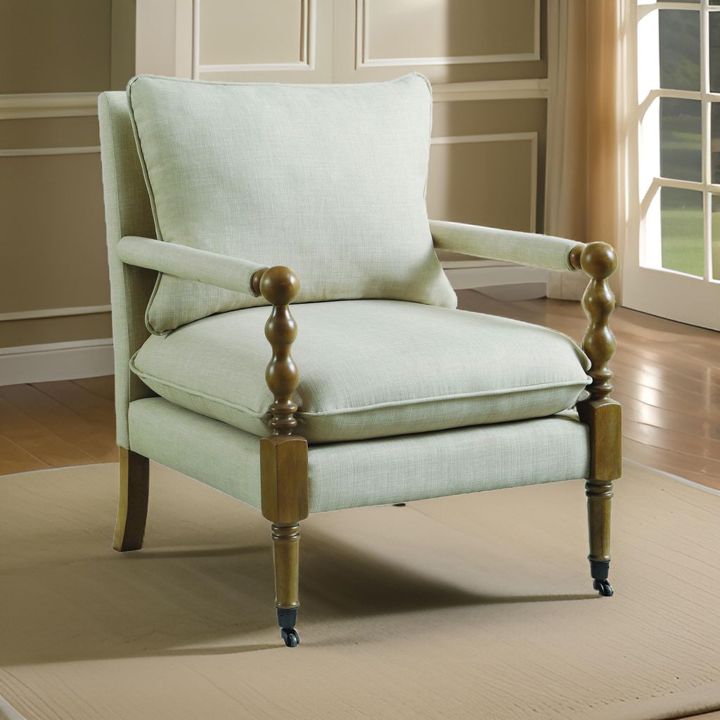 Fabric Upholstered Wooden Accent Chair with Manchette Armrest, Beige and Brown - View 7