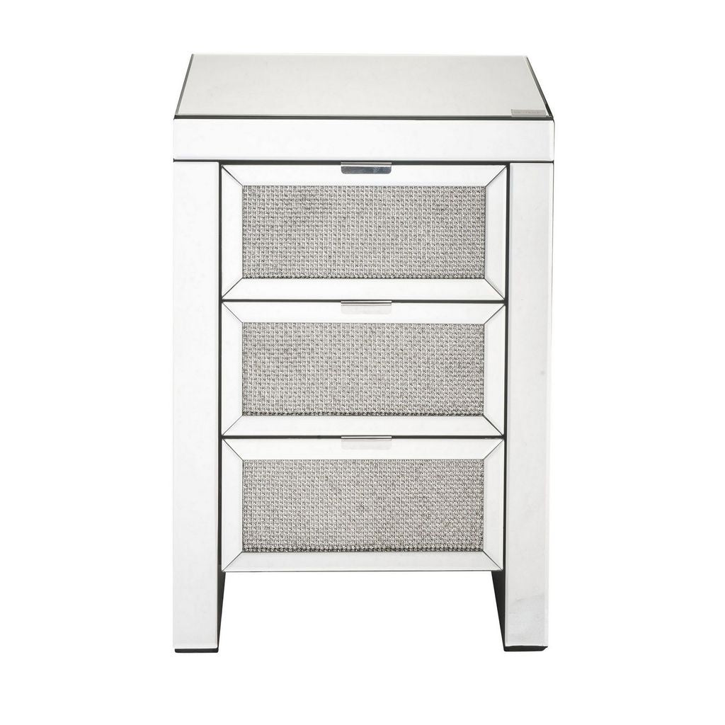 3 Drawer Beveled Mirrored Accent Table with Faux Diamond Inlay, Silver - View 2