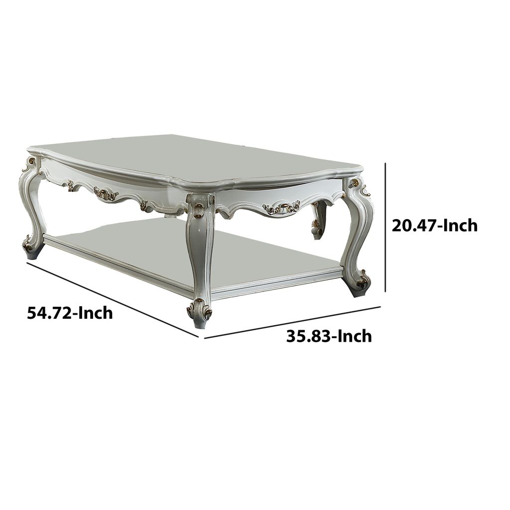 Traditional Style Wooden Coffee Table with Polyresin Carvings and Bottom Shelf, White - View 6