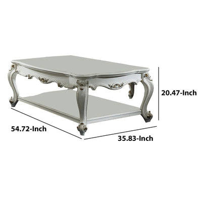 Traditional Style Wooden Coffee Table with Polyresin Carvings and Bottom Shelf, White - View 6