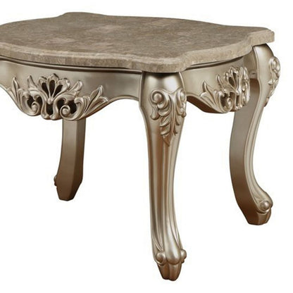 Marble Top Wooden End Table with Queen Anne Style Legs, Champagne Gold - View 5