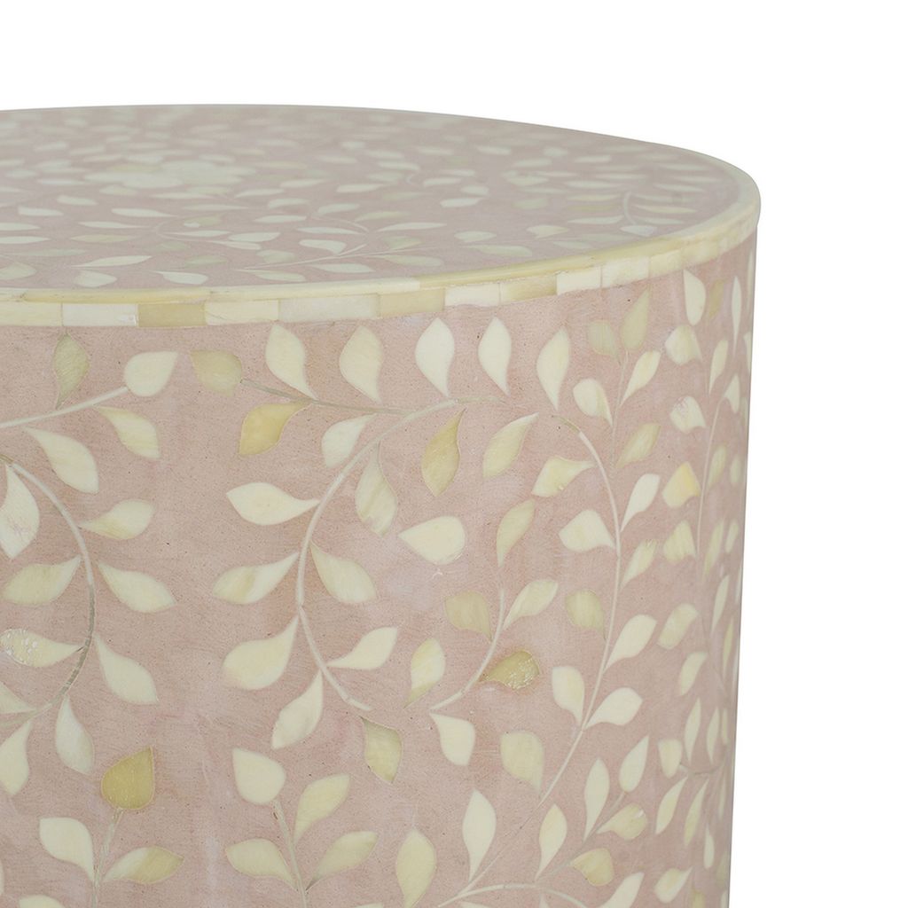 20 Inch Round Side End Table, Filigree Bone Inlay, Wood, Pale Pink, White - View 3