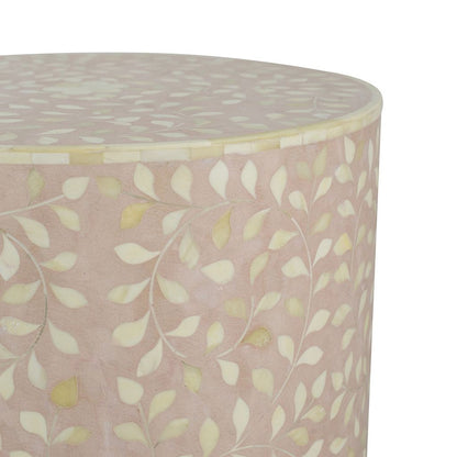 20 Inch Round Side End Table, Filigree Bone Inlay, Wood, Pale Pink, White - View 3