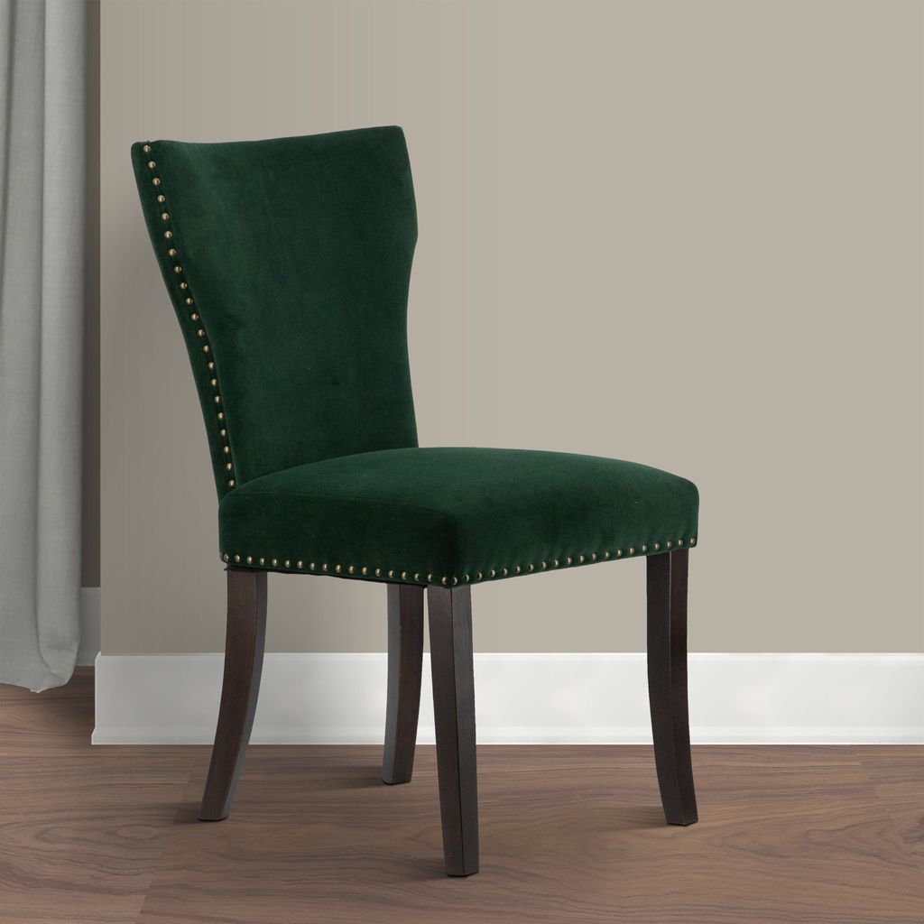 Devi 25 Inch Curved Dining Chair, Green Velvet Upholstery, Nailhead Trim - View 7