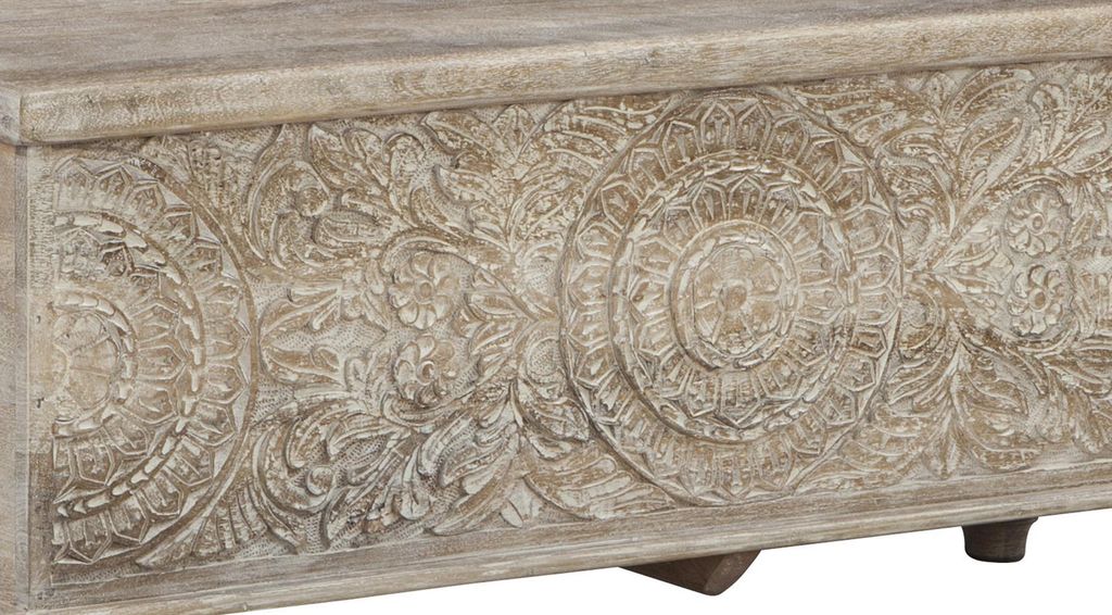 Medallion Pattern Wooden Storage Bench, Hinged Opening, Antique White, Black - View 3