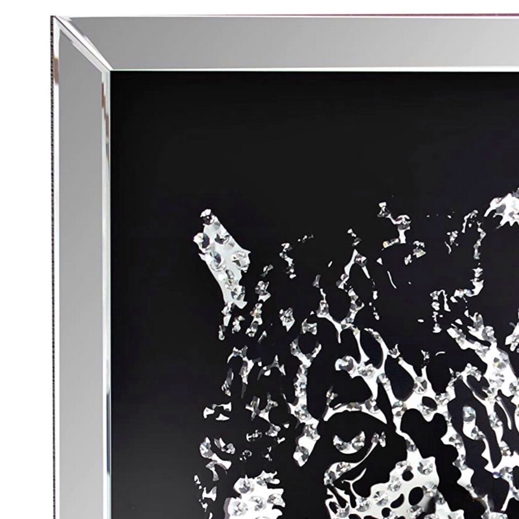 Square Shape Mirror framed Leopard Wall Decor With Crystal Inlays, Black & Silver - View 2