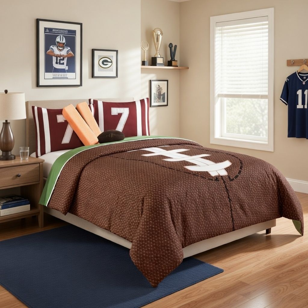 6 Piece Full Comforter Set with Football Field Print, Brown and Green - View 7
