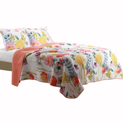 3 Piece Cotton Quilt Set with Stencil Flower Print, Multicolor – King