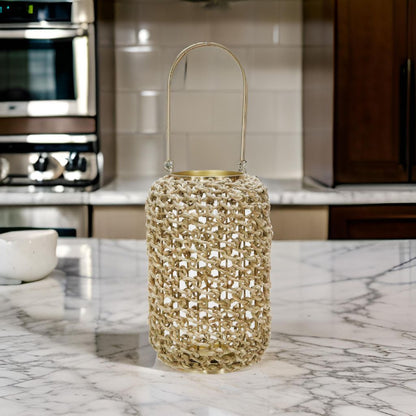 Cylindrical Rattan Lantern with Metal Frame and Handle,Large,Brown and Gold - View 7