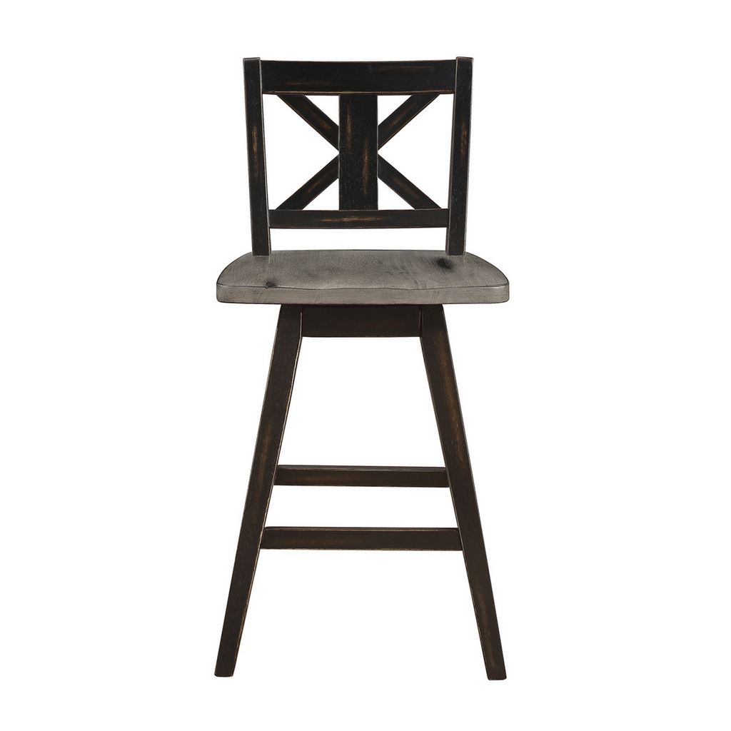 Farmhouse Swivel Counter Height Chair with X Shaped Back, Set of 2, Antique Gray, Black - View 3