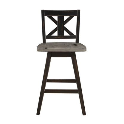Farmhouse Swivel Counter Height Chair with X Shaped Back, Set of 2, Antique Gray, Black - View 3