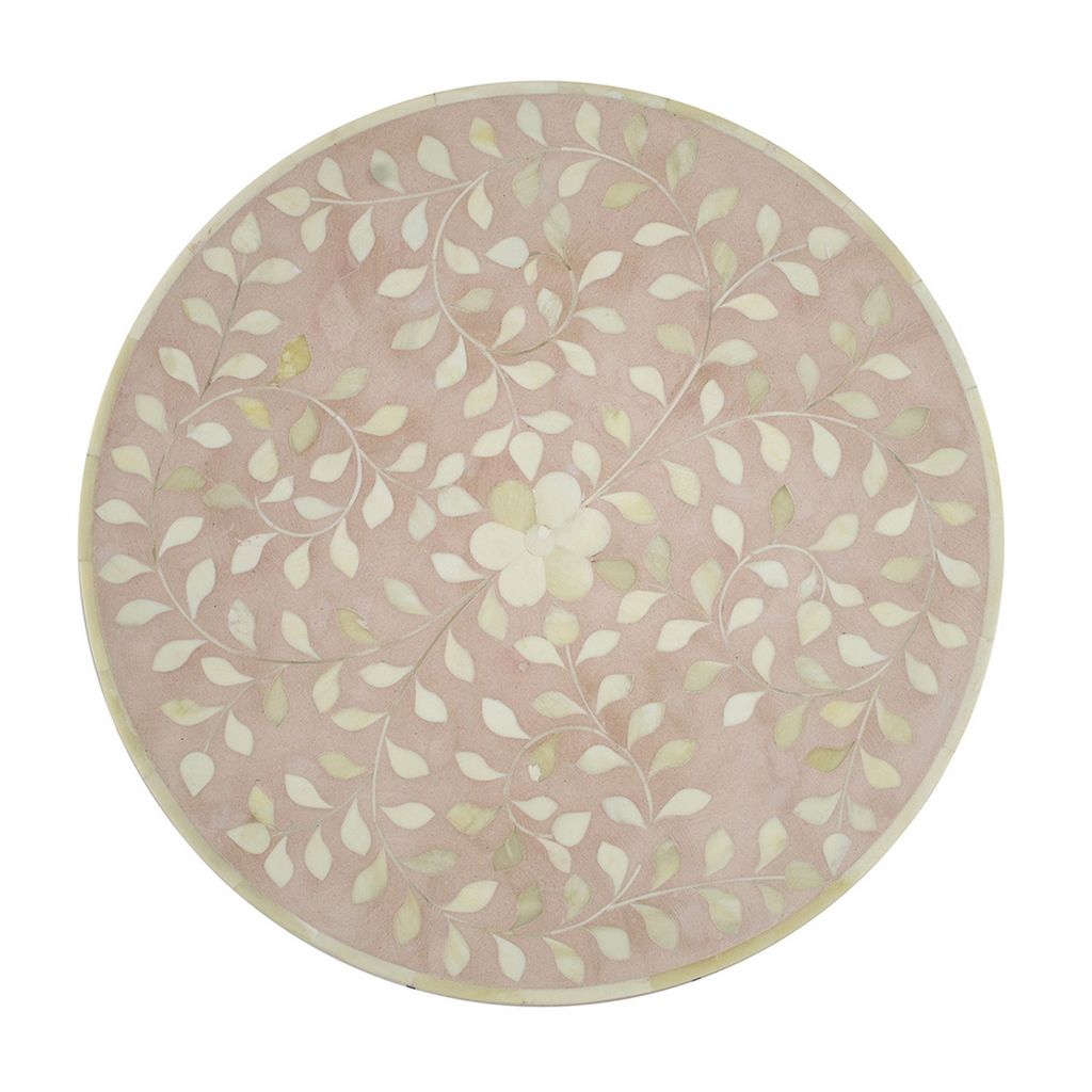 20 Inch Round Side End Table, Filigree Bone Inlay, Wood, Pale Pink, White - View 4