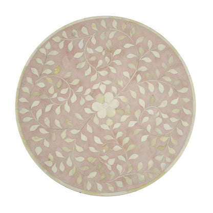 20 Inch Round Side End Table, Filigree Bone Inlay, Wood, Pale Pink, White - View 4
