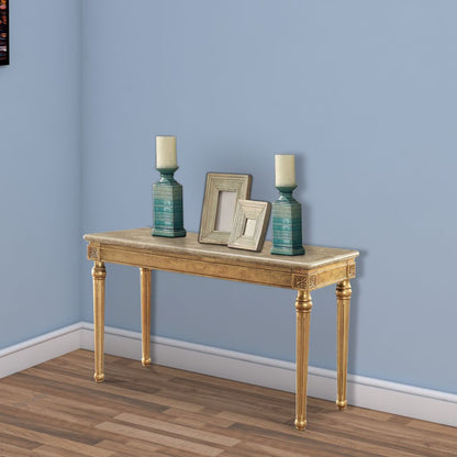 Marble Top Sofa Table With Fluted Detail Wooden Turned Legs, Gold - View 7