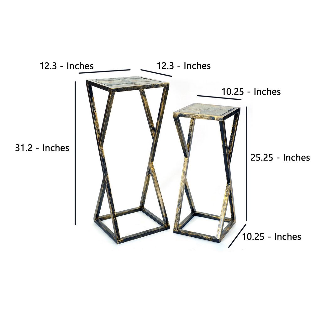 Stone Top Plant Stand with Geometric Base, Set of 2, Black and Gray - View 6