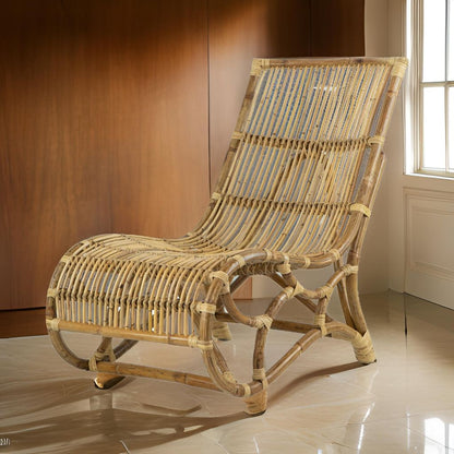 35 Inch Retro Style Rattan Lounge Chair, Slatted Support, Natural Brown - View 7