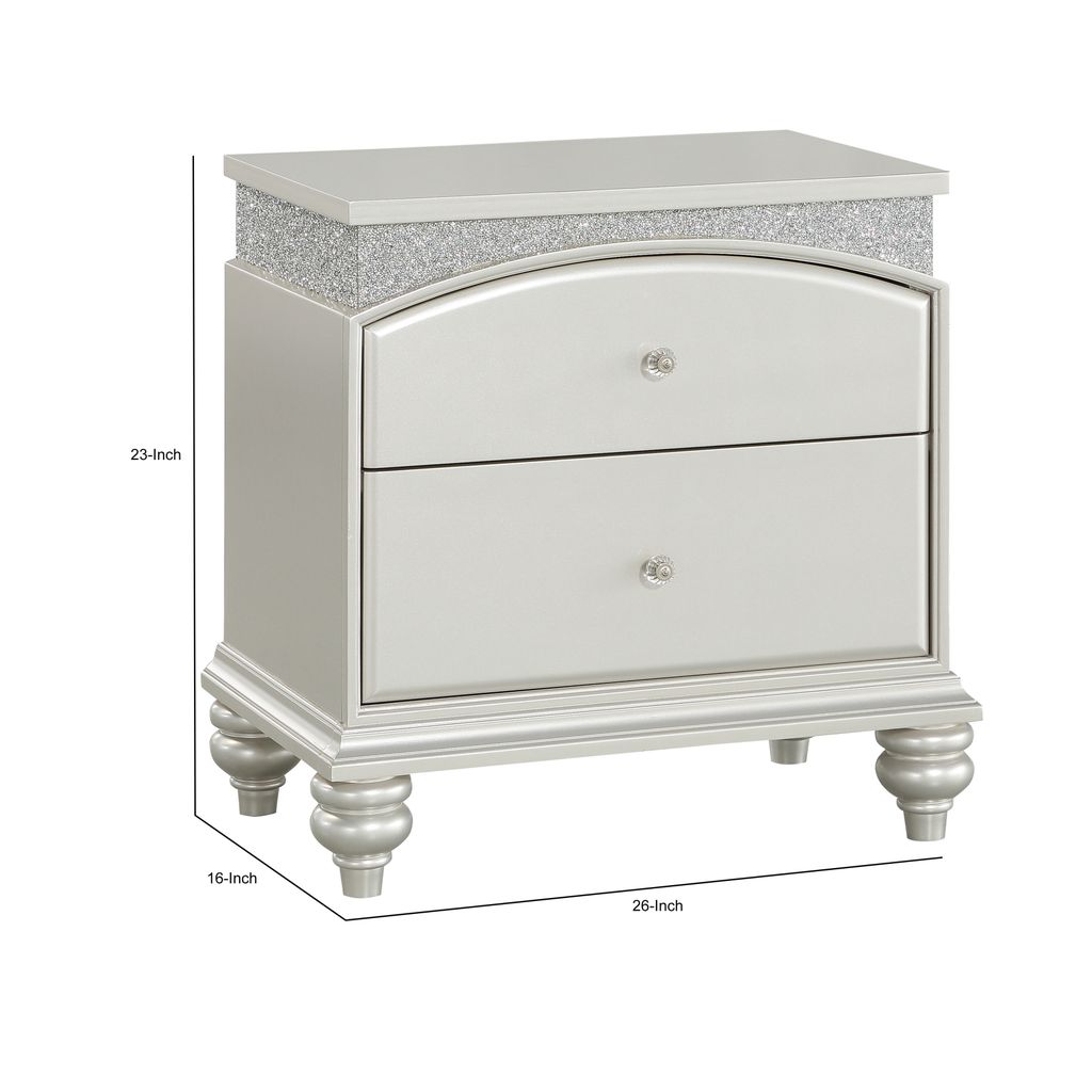 Modern Style 2 Drawer Wooden Nightstand with Rhinestone Inlays, Silver - View 5