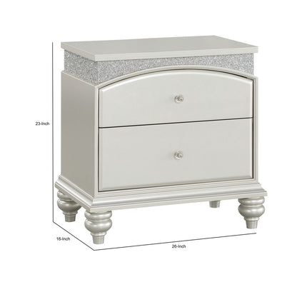 Modern Style 2 Drawer Wooden Nightstand with Rhinestone Inlays, Silver - View 5