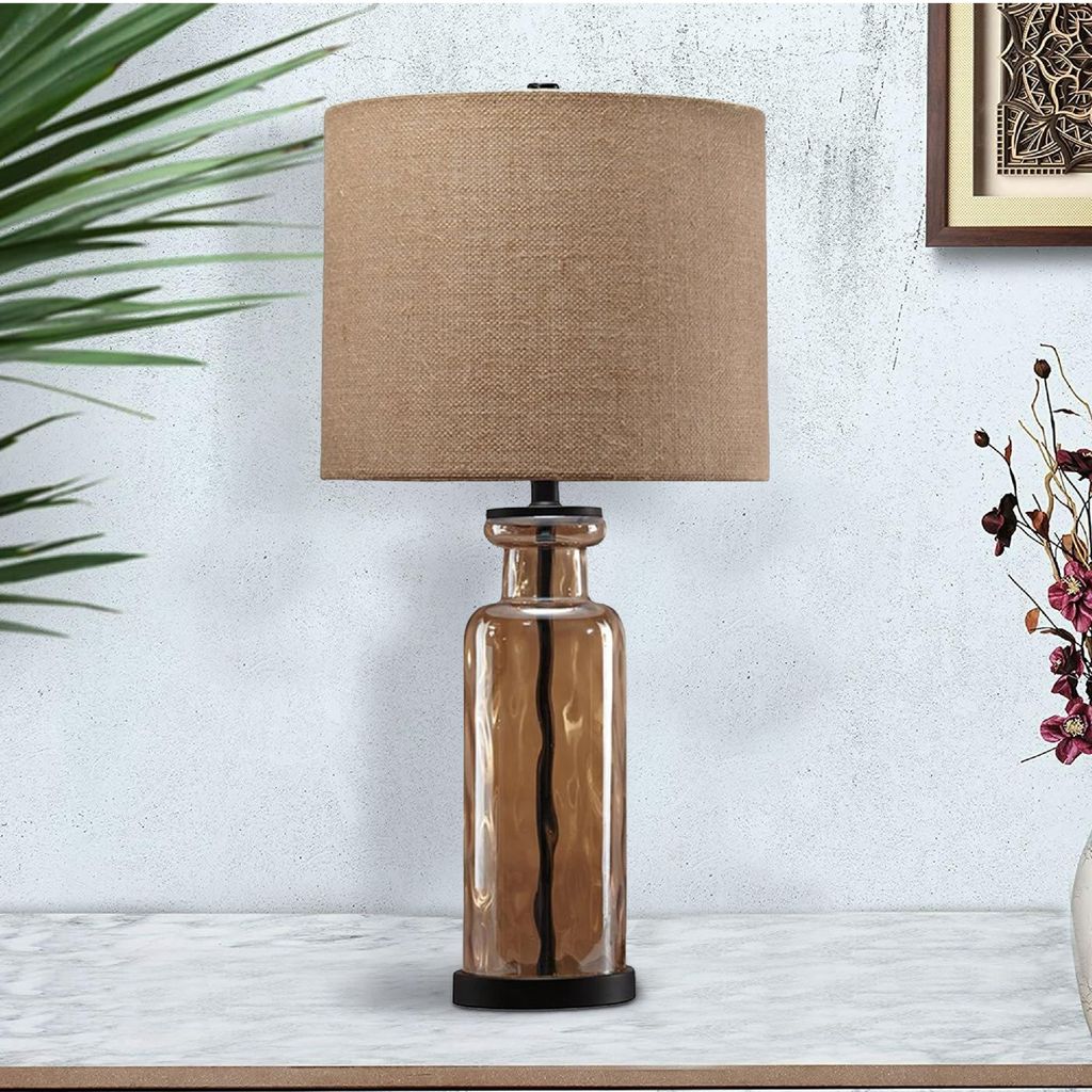 Glass Table Lamp with Fabric Drum Shade, Gold and Beige - View 7