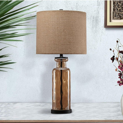 Glass Table Lamp with Fabric Drum Shade, Gold and Beige - View 7