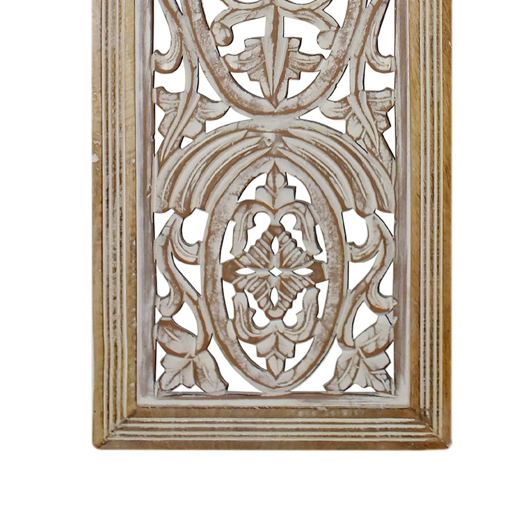 Rectangular Mango Wood Wall Panel Hand Crafted With Intricate Carving, White and Brown - View 4