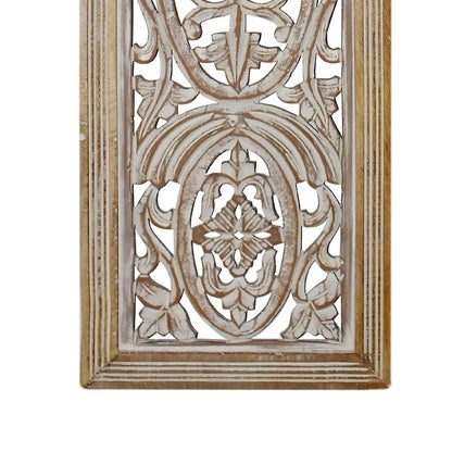 Rectangular Mango Wood Wall Panel Hand Crafted With Intricate Carving, White and Brown - View 4