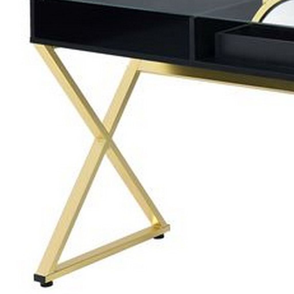 Vanity Desk with Round Mirror and Cross Metal Legs, Black and Gold - View 5