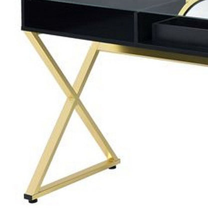 Vanity Desk with Round Mirror and Cross Metal Legs, Black and Gold - View 5