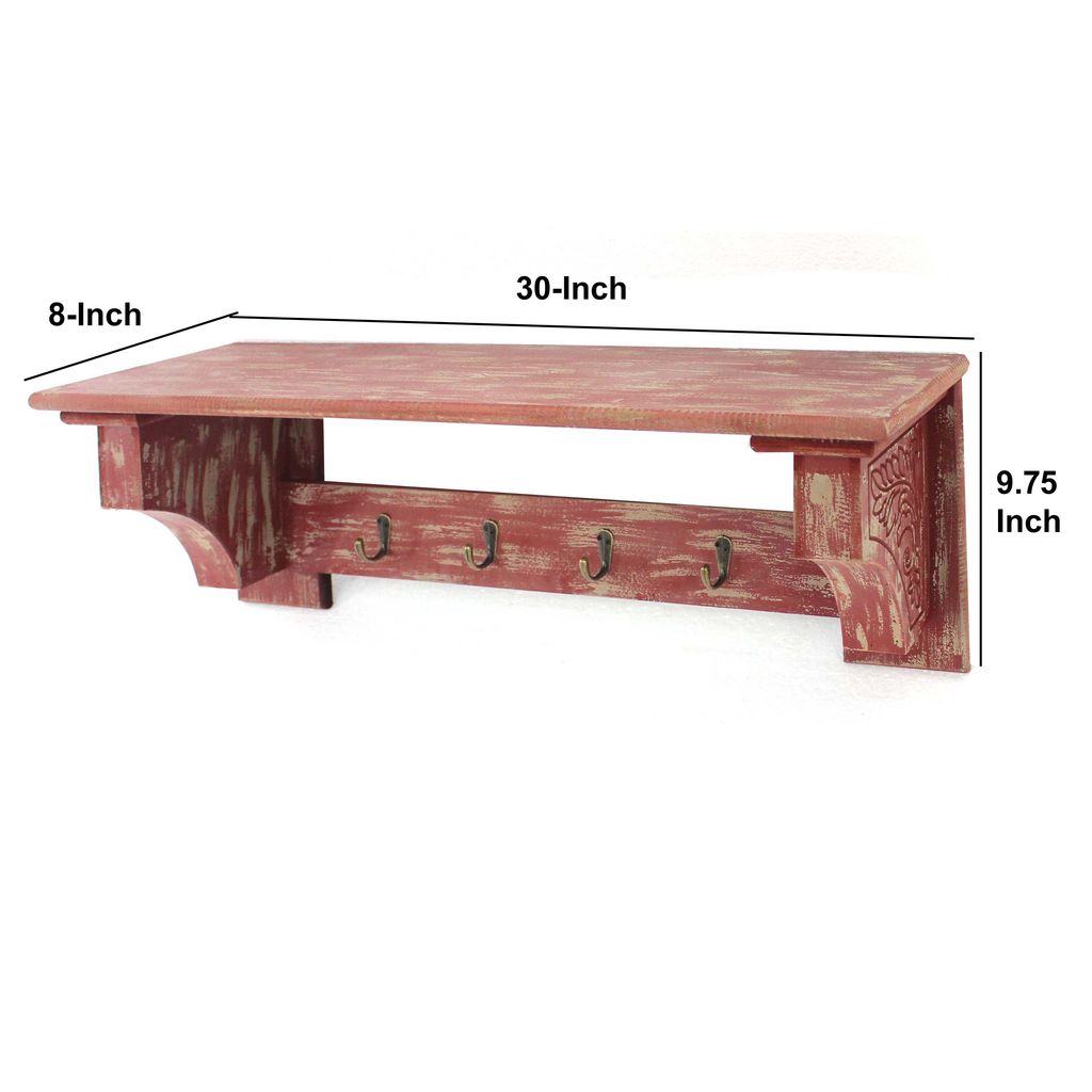 Wooden Wall Shelf Set of 2 with 4 Hooks and Carved Side Frames, Distressed Red - View 5