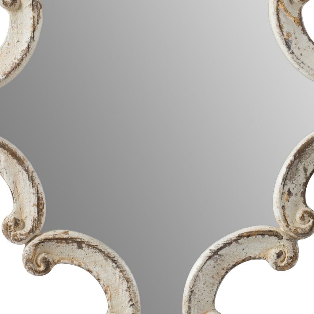 30 Inch Accent Wall Mirror, Carved Ornate Scrollwork Antique White Fir Wood - View 2