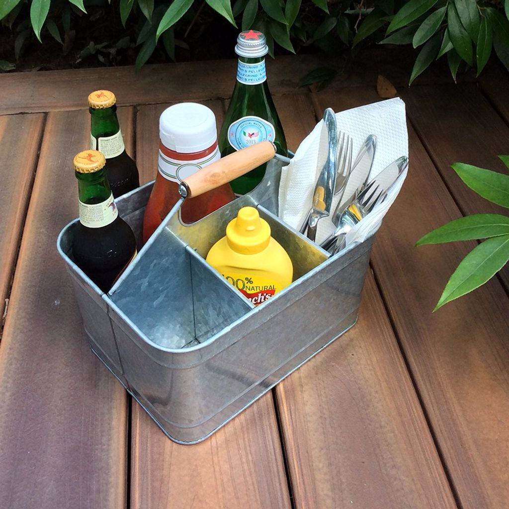 Metal Caddy Serveware with Mango Wood Handle, Rustic Galvanized Gray  - View 3