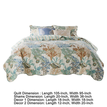 Wade 5 Piece King Quilt Set, Ocean Design, Scalloped Edges, Floral Pattern - View 5