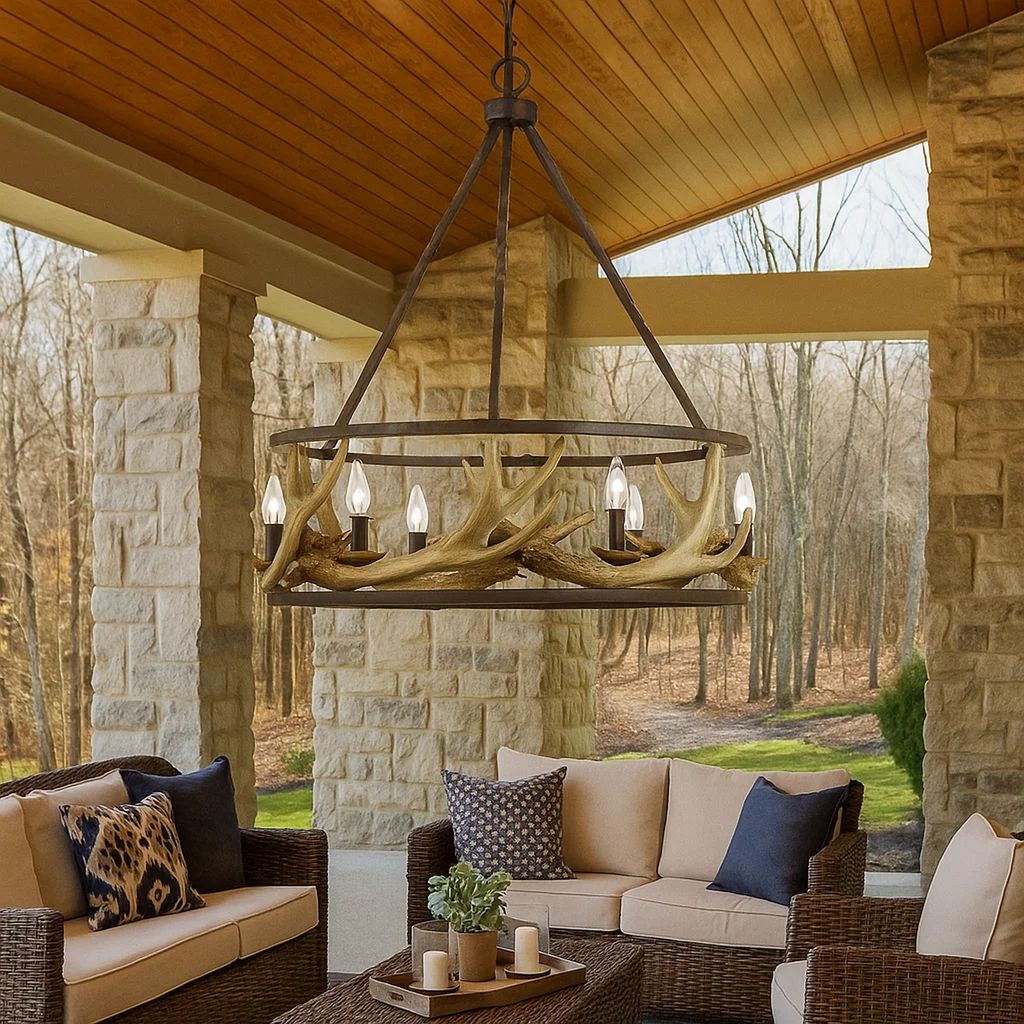 6 Bulb Metal Frame Chandelier with Resin Antler Design,Dark Bronze and Gold - View 7