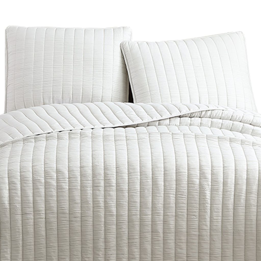 3 Piece Crinkles King Size Coverlet Set with Vertical Stitching, White - View 2