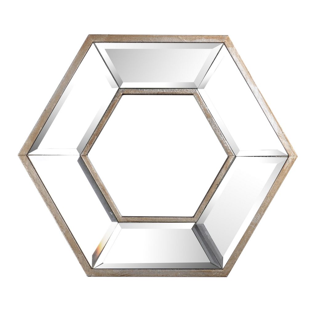 Toby 12 x 14 Inch Wall Mount Accent Mirror, Dual Hexagon Wood Frame, Brown