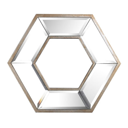 Toby 12 x 14 Inch Wall Mount Accent Mirror, Dual Hexagon Wood Frame, Brown