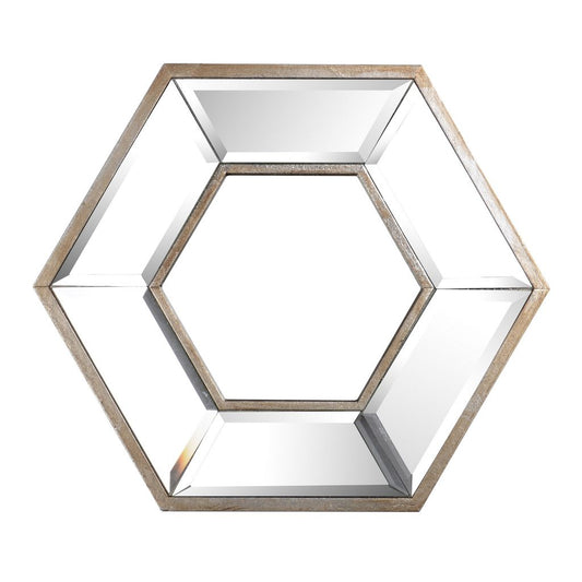 Toby 12 x 14 Inch Wall Mount Accent Mirror, Dual Hexagon Wood Frame, Brown