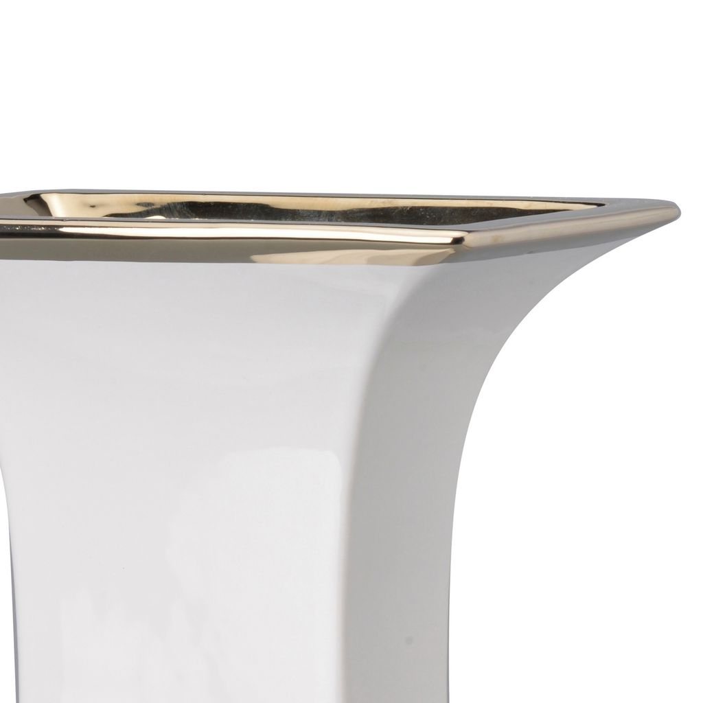 14 Inch Decorative Ceramic Vase, Artistic Turned Urn, White and Gold Rim - View 2