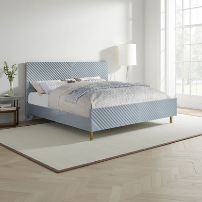 Tyra Modern King Bed, Panel Headboard, Luxury Textured Chevron, Gray, Gold - View 7